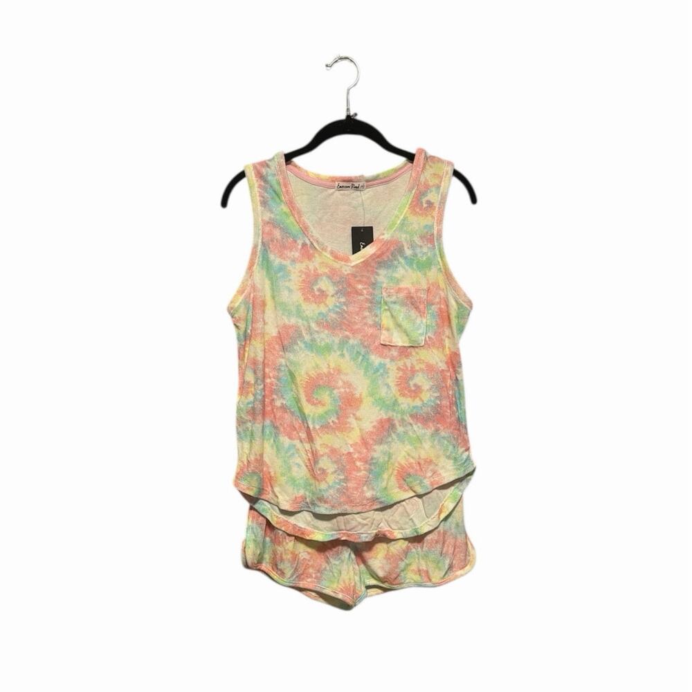 Emerson Road Lullaby Tie Dye Pink Jersey Lined Terry Tank and Short Set sz M